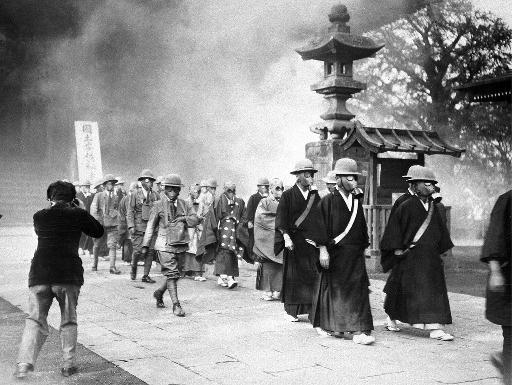 Zen Buddhist priests with gas masks, World War II